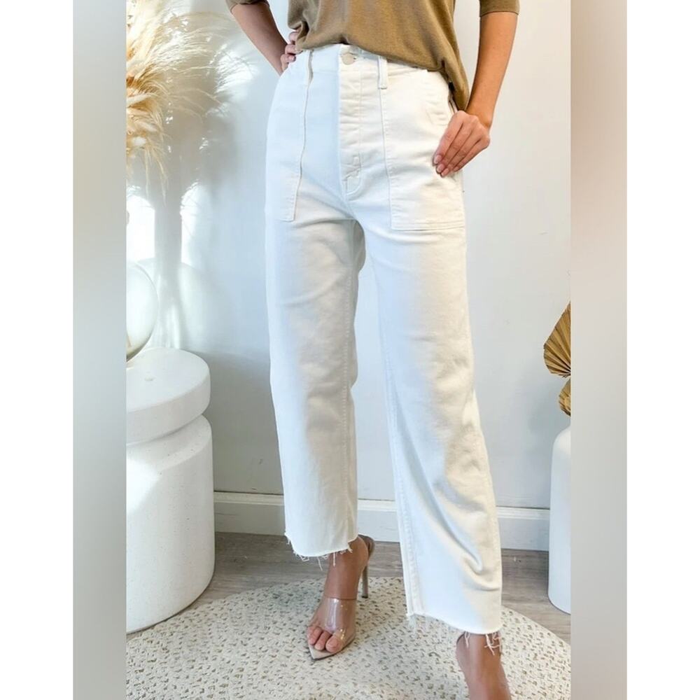 MOTHER DENIM PATCH POCKET PRIVATE ANKLE FRAY JEANS PANTS IVORY SZ 30 EUC